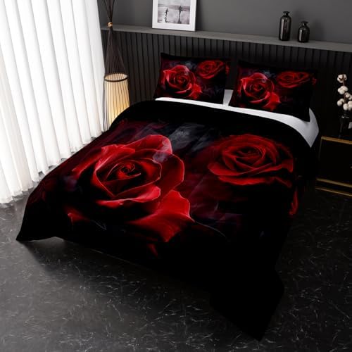 Nttopship Red Comforter Set King,Red Roses Bedding Set 3 Piece Bed in a Bag,Lover Romantic Flowers Comforter Valentine's Day Lightweight Soft Microfiber Bedding Sets with(Comforter,2 Pillow Cases)