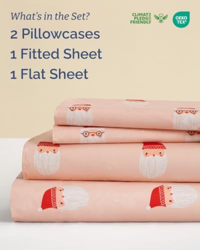 Christmas Sheet Set, Blush Santas, Holiday Xmas Bedding Set - Queen Size