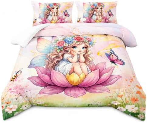AILONEN Queen Beautiful Fairy Girls Comforter Set,Cute Girls Bedding Set for Kids Teen,Tie Dye Flower Butterfly Pink Comforter Set 3 Piece,1 Comforter with 2 Pillowcases