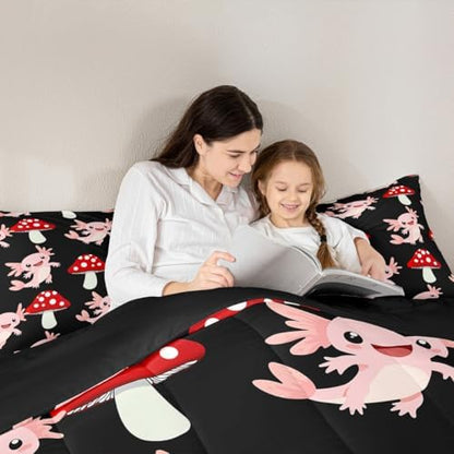 Erosebridal Cute Mushroom Down Comforter Queen Kawaii Coastal Axolotl Bedding Set for Kids Girls Women Pink Axolotl Red Mushrooms Comforter Set Fish Botanical Plant Bedding Quilted 3 Pcs