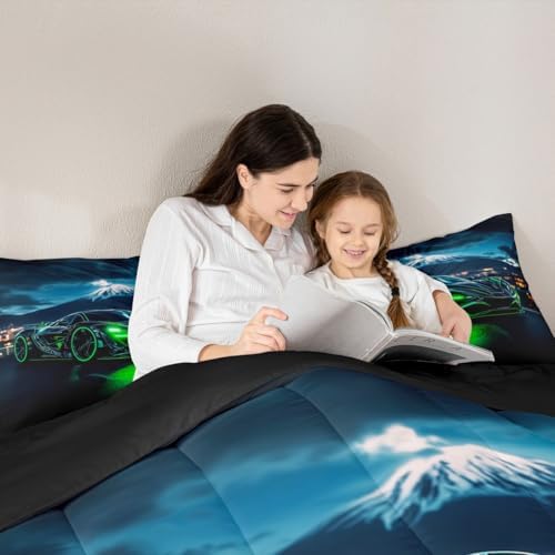 Erosebridal Green Racing Car 3 Pieces Bedding Set King Size Extreme Sports Comforter Set with Pillowcases for Kids Boys Girls Teens Toddler Race Car Room Decor Soft Lightweight