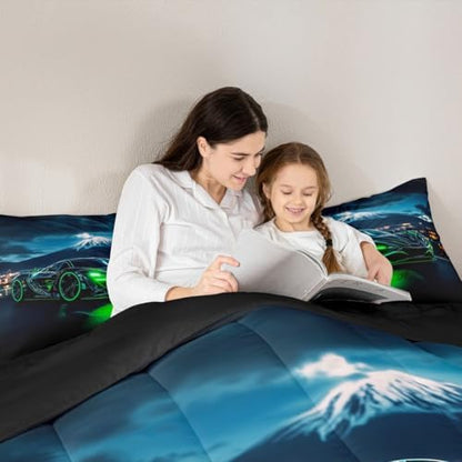 Erosebridal Green Racing Car 3 Pieces Bedding Set King Size Extreme Sports Comforter Set with Pillowcases for Kids Boys Girls Teens Toddler Race Car Room Decor Soft Lightweight