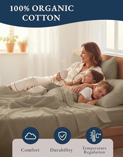 LANE LINEN Eco Friendly 100% Organic Cotton Sheets Queen Size, Naturally Cooling Percale Weave, Soft & Comfy Long Staple Mercerized Machine Wash Low Pill Fade Resistant Bed Sheets Queen Taupe