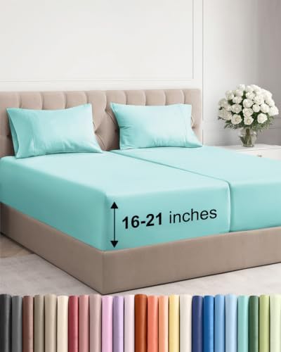 Extra Deep Pocket Split King Sheet Set - Breathable & Cooling - Spa Blue
