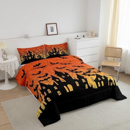 Homewish Castle Silhouette Full Size Comforter Set,Orange Yellow Bedding Set for Adults Teens,Children Black Bat Comforter Luxury Halloween Theme Quilt Set Room Decor 3Pcs