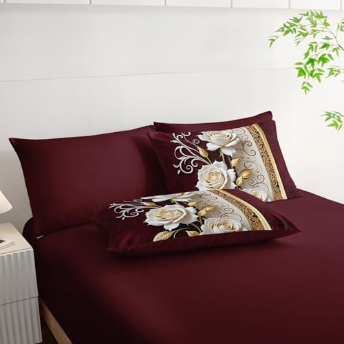 Red and White Floral Comforter Set King Size 7 Piece，Rose King Bedding Set，(1 Comforter, 1 Flat Sheet, 1 Fitted Sheet, 2 Pillowcase and 2 Pillow Sham)，White Rose Bedroom Decor