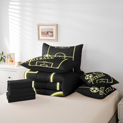 Erosebridal Sport Bedding Twin Size 7Pcs for Toddler Kids Soccer Comforter Set for Boys Girls, Black Yellow Bedding Comforter Sets Gold Gradient Neon Bed in a Bag, Sports Themed Bedding Accessories