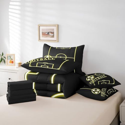 Sport Full Comforter Set 7Pcsfor Toddler Kids Soccer Bedding Comforter Sets for Boys Girls, Black Yellow Bed in a Bag Gold Gradient Neon Bedding Set, Sports Themed Bed Sheets Set (Black Reversible)