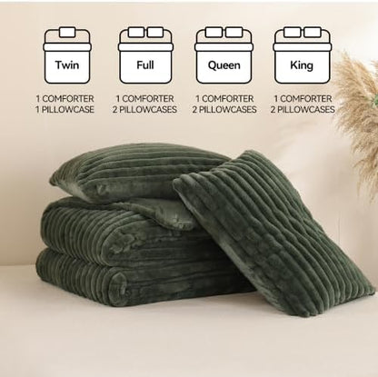 Smoofy Fluffy Full Size Comforter 3 PCS - Olive Green Fleece Bedding Set