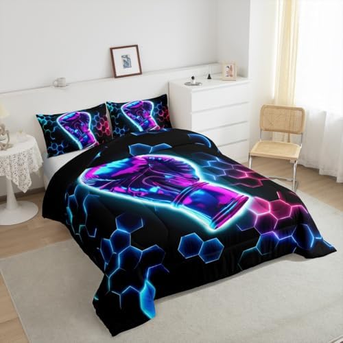 Erosebridal Boxing Gifts Kids Comforter Set | 3D Glitter Gloves Bedding King,Colorful Neon Lights Down Comforter Hexagon Honeycomb Duvet Set for Bedroom