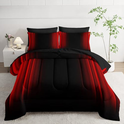 Nttopship Red and Black Bedding Set Queen Size Abstract Ombre Comforter Set Bedding Set 7 Piece in A Bag,Dark Quilt Set Mordern Art Decor All Seasons with Pillowcases,Flat, Fitted Sheet