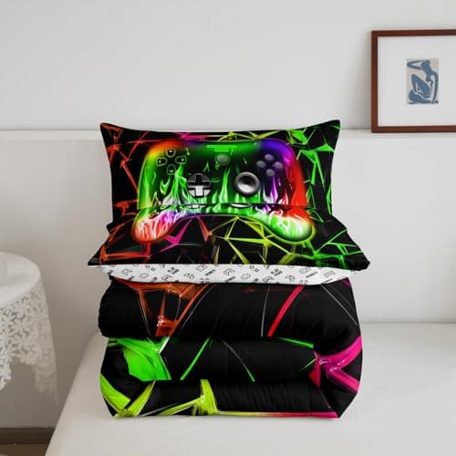 Castle Fairy Video Games Twin Size Comforter Set,Gamepad Duvet Set Soft Bed Collection,Modern 3D Geometric Honeycomb Bedding Comforter for Boys Girls Bedroom,2 Pcs