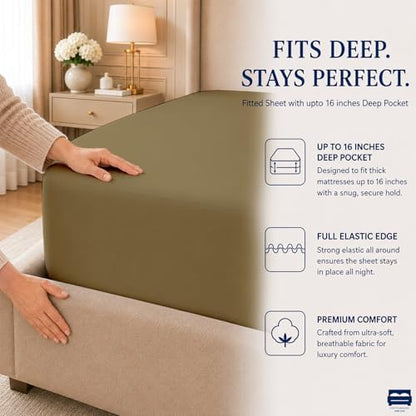 Cottingon 4 Piece Queen Sheets Fits 16" Deep, Egyptian Cotton, Taupe