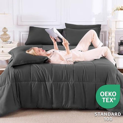 CozyLux Queen Comforter Set, 7-Piece Bed in a Bag, Dark Grey