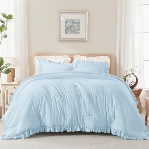 Andency Light Blue King Size Comforter Set, 3 Pcs Solid Farmhouse Bedding