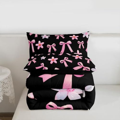 jejeloiu Watercolor Bow Kids Comforter Set King Size Kawaii Bowknot Bedding Set Dreamy Princess Style Duvet Quilt for Kids Boys Girls Bedroom Cute Bow Decor Microfiber Ultra Soft Breathable