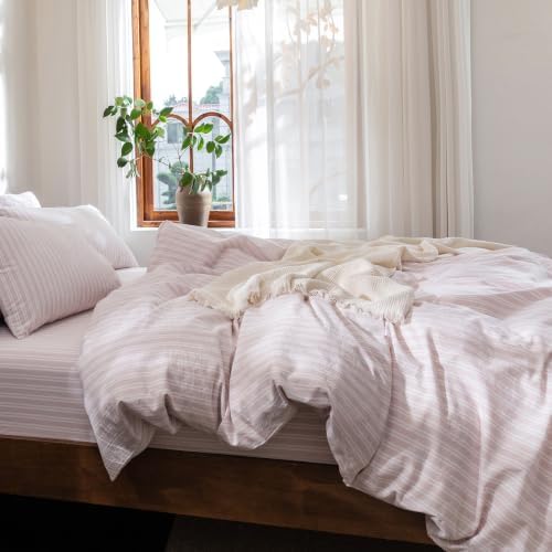 FOSSA Striped Duvet Cover Set 100% Washed Cotton Linen Feel Queen