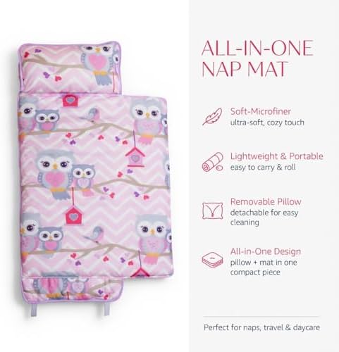 EVERYDAY KIDS Nap Mat with Removable Pillow - Carry Handle with Straps Closure, Rollup Design, Soft Microfiber for Preschool, Daycare, Travel Sleeping Bag - Sweet Owls