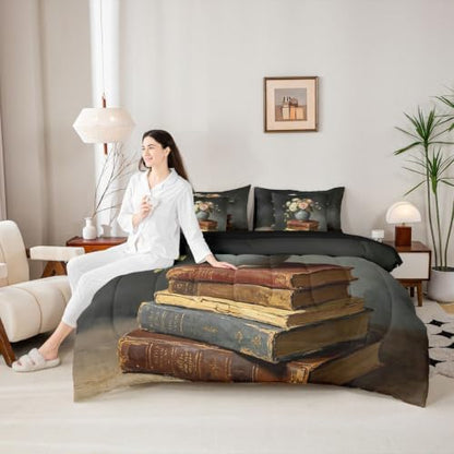 Erosebridal Vintage Book 7 Piece Bedding Set King Flower Comforter Set with Sheets Ancient Books Bed in a Bag Retro Plants Bed Sets Comforter