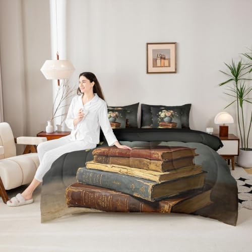 Erosebridal Vintage Book 7 Piece Bedding Set Twin Flower Comforter Set with Sheets Ancient Books Bed in a Bag Retro Plants Bed Sets Comforter