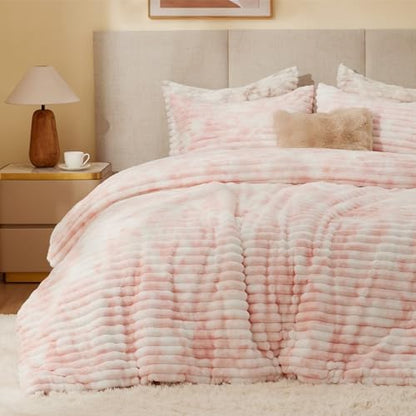 BEDELITE Fleece King Comforter Set, Fluffy Bed Set, Pink&White
