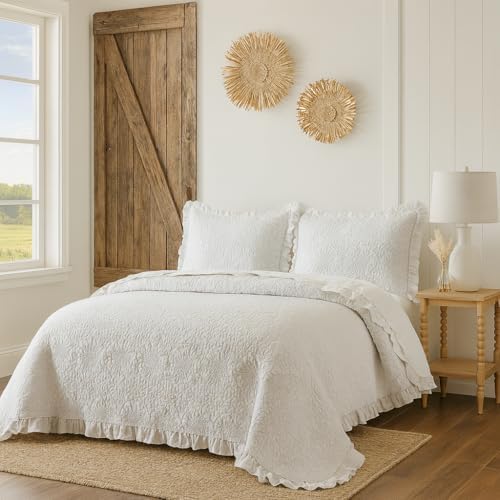 BOV Dark Grey Ruffled Quilt Set King, Stone-Washed Farmhouse Bedding