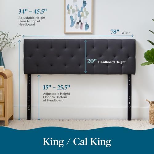 Lucid Mid-Rise Upholstered Headboard - Diamond Tufted - Padded Polyester - Adjustable Height from 34” to 46” - Easy Assembly - Bed Frame or Wall Mount - Sturdy - Charcoal - King / Cal King Size