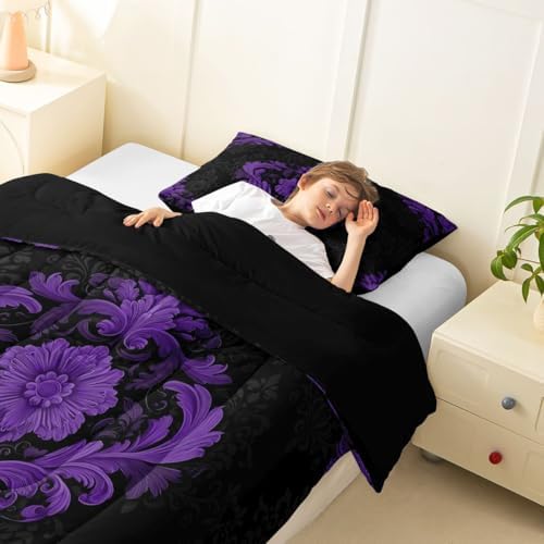 Feelyou Purple Gothic Bedding Set Soft for Boys Girls, Vintage Damask Boho Comforter Set Toddler Size Exotic Victorian Duvet Quilt Microfiber Bedroom Decor 2 Pcs with 1 Pillow Cases