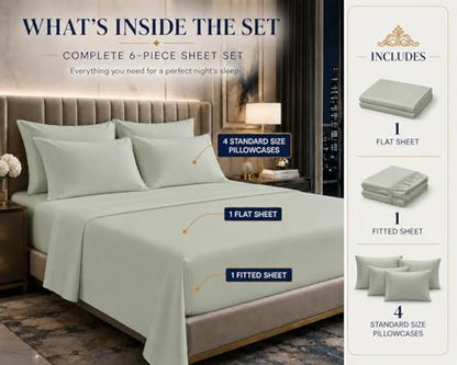 100% Egyptian Cotton Bed Sheets Queen Size 6-Piece Set, Deep Pocket, Sage