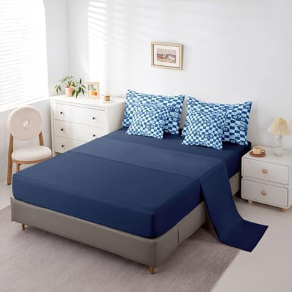 Erosebridal Navy Blue Boys Full Bedding Set 7 Piece Fashion Y2K Lucky 8 Ball Comforter Set for Kids Teen Adults,Cute Cherry Bow Bed in A Bag with Sheets Preppy Aesthetic Geometric Plaid Bed Set