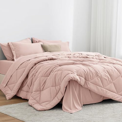 Love's cabin California King Comforter Set Pink, 7 Pieces California King Bed in a Bag, All Season Bedding Sets with 1 Comforter, 1 Flat Sheet, 1 Fitted Sheet, 2 Pillowcase and 2 Pillow Sham