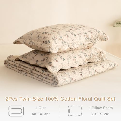 Lady Ann Cotton Quilt Twin Size(68"x86"), Cottagecore Wild Floral Quilted Bedspread, Lightweight Farmhouse Bedding Set （1 Coverlet and 1 Scalloped Edge Pillow Sham