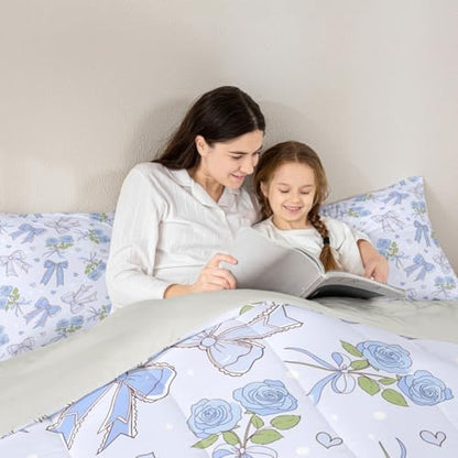 Castle Fairy Blue Bowknot Comforter Set King Size,Dreamy Princess Style Down Alternative Adults Bedroom Decor,Retro Blue Rose Farmhouse Ultra Soft Microfiber Inner Fill 3 Pcs Bedding