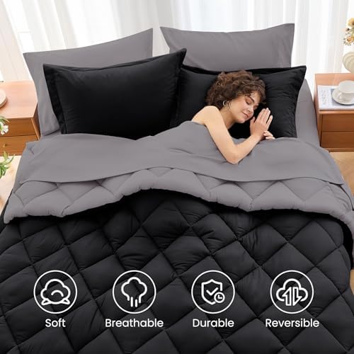 MUXHOMO 7 Pieces Oversized King Comforter Set, Reversible Bed in a Bag Oversized King Size, All Season Bedding Set with Comforter, Flat Sheet, Fitted Sheet, Pillowcases & Shams, Black & Soot