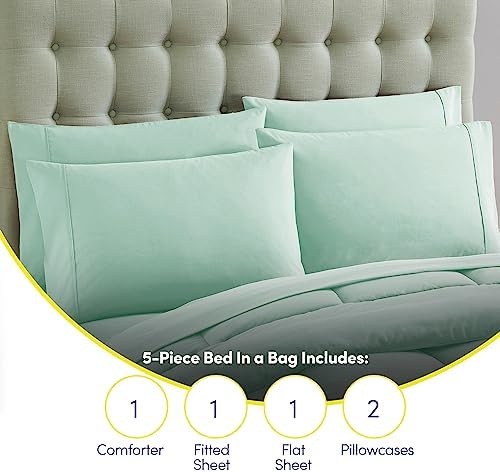 Sweet Home Collection 7 Piece Comforter Set Bag Solid Color All Season Soft Down Alternative Blanket & Luxurious Microfiber Bed Sheets, Mint, Twin XL