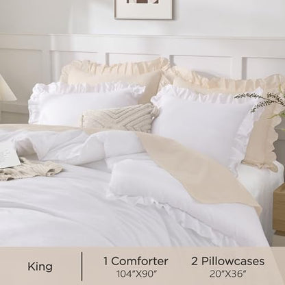 Andency King Size Comforter Set White, 3 Pcs Ruffle Farmhouse Bedding Sets