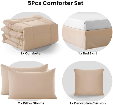 LUX Décor 5pc Queen Comforter Set, All-in-One Bed in a Bag, Includes 1 Comforter, 2 Pillow Shams, 1 Decorative Pillow & 1 Bed Skirt (Beige, Queen)