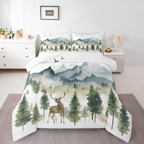 Feelyou Deer Moose Print Comforter Set King Girls Teens Adult, Kids Boys Watercolor Hunting Deer Bedding Set, 3D Woodland Wild Animal Comforter Soft Quilt Set,Blue with 1 Pillowcase 2Pcs Bedding