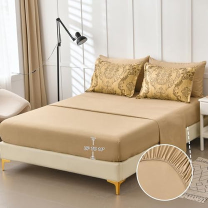 WONGS BEDDING Gold Comforter Set King Size, Damask Texture Design 7 Pieces Bed in a Bag Microfiber Comforter Bedding Sets -1 Comforter, 1 Flat Sheet, 1 Fitted Sheet, 2 Pillow Shams,2 Pillowcases