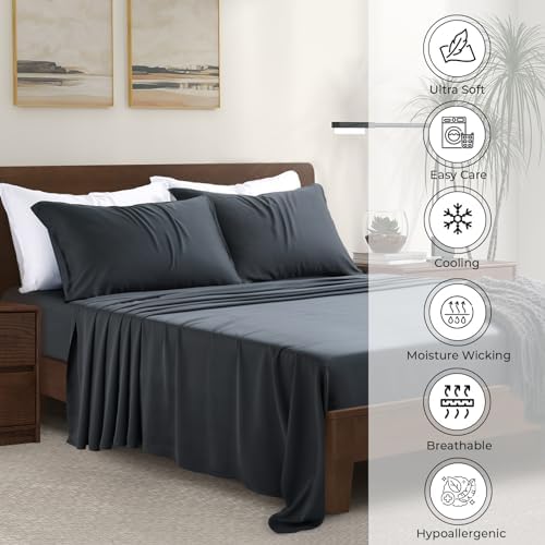 Split King Size Sheet Set | 2 Fitted Sheets for Sleep Number & Adjustable Beds | Organically Grown | Ultra Soft & Cooling |100% Viscose | 17" Deep Pocket [Charcoal Grey]