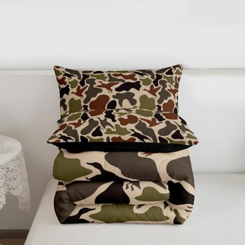 Duck Hunting Comforter Set -Army Camo Comforter Full Size Green Brown Camouflage Bedding Set for Kids Women Men Bedroom Decor Fashion Rustic Farmhouse Wild Animal Quilt Duvet,3 Pcs with 2 Pillowcase