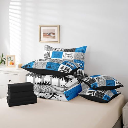Erosebridal Blue Rv Bedding Set Full Rustic Camper Bed in A Bag 7 Piece Camping Bunk Accessories for Camper Car Rv Comforter Set for Travel Trailers Country Buffalo Plaid Pine Tree Arrow Bed Set