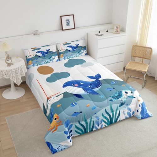 Homewish Cute Whale Comforter Set Queen Size,Cartoon Ocean Animals Bedding Set for Kids Girls Boys Teens Room Decor,Blue White Grey Stripes Quilt Set Turtle Octopus Fish Duvet Insert,2 Pillowcases