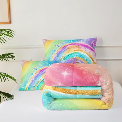 Cute Rainbow Twin Comforter Set for Girls，Pastel Tie Dye Rainbow Twin Bedding Set Kids，Galaxy Kids Bed Comforter Sets