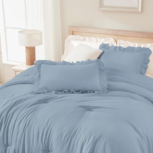 Andency Grayish Blue King Size Comforter Set, 3 Pcs Solid Farmhouse Bedding