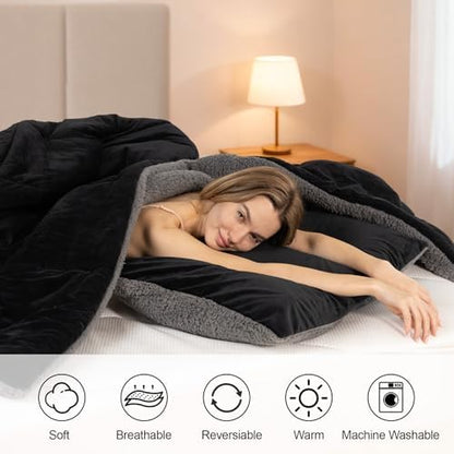 Fluffy Sherpa Queen Comforter Set, Thick Bedding Set 3 Pieces, Black