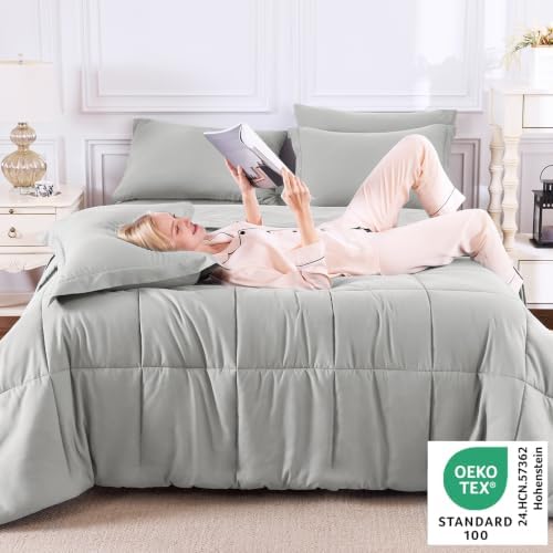 CozyLux Full Size Comforter Sets, 7-Piece Bed in a Bag, Silver Grey