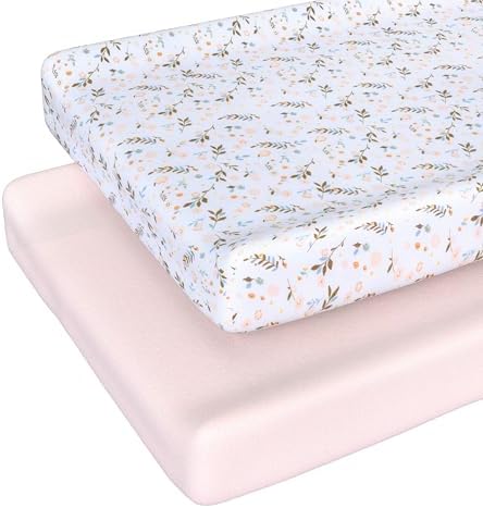 Baby Changing Pad Cover Girl, 100% Cotton Changing Table Sheets, 2 Pack Changing Table Covers, 32"x16" x 8" Diaper Changing Pad Cover Girl, Oeko-TEX Certified (Floral Pink Changing PadCover)