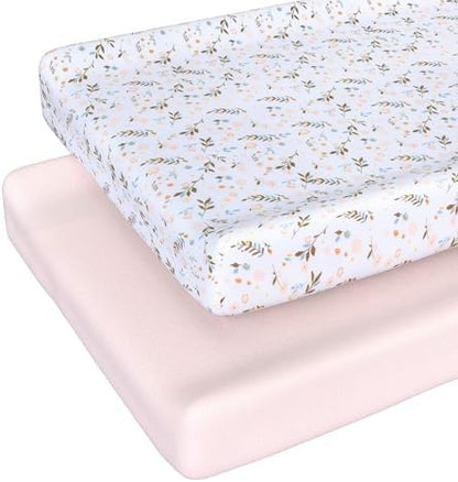 Baby Changing Pad Cover Girl, 100% Cotton Changing Table Sheets, 2 Pack Changing Table Covers, 32"x16" x 8" Diaper Changing Pad Cover Girl, Oeko-TEX Certified (Floral Pink Changing PadCover)