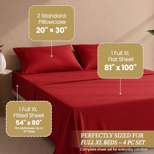 Full XL 100% Cotton Jersey Knit Sheet Set, 4PC, 15" Deep Pocket, Red